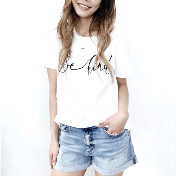 ‘Be Kind’ Distressed Tee Champagne - Picture 5 of 7